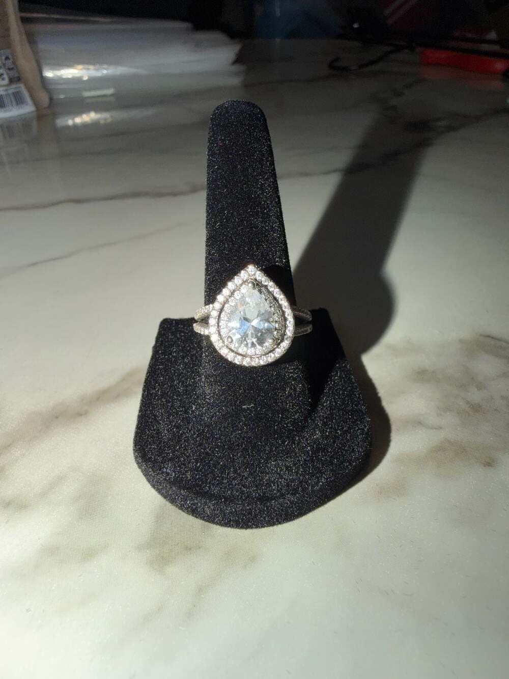 Pear Cut Double Halo Split Shank Sterling Silver Ring Size 6.5-7 - Picture 2 of 12